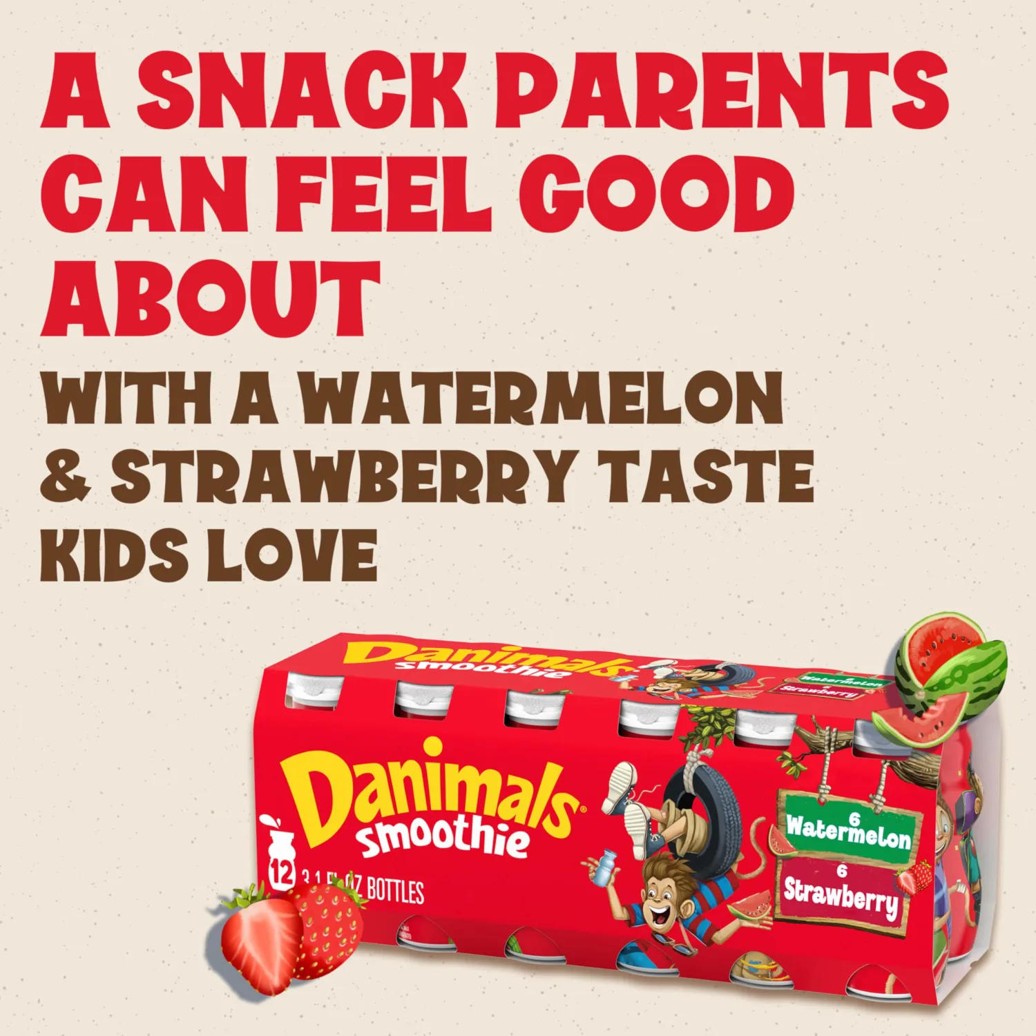 Danimals Smoothie Strawberry and Watermelon Dairy Drink Multi-Pack, Creamy and Delicious Low Fat Snacks for Kids, 12 Ct, 3.1 oz Smoothie Bottles