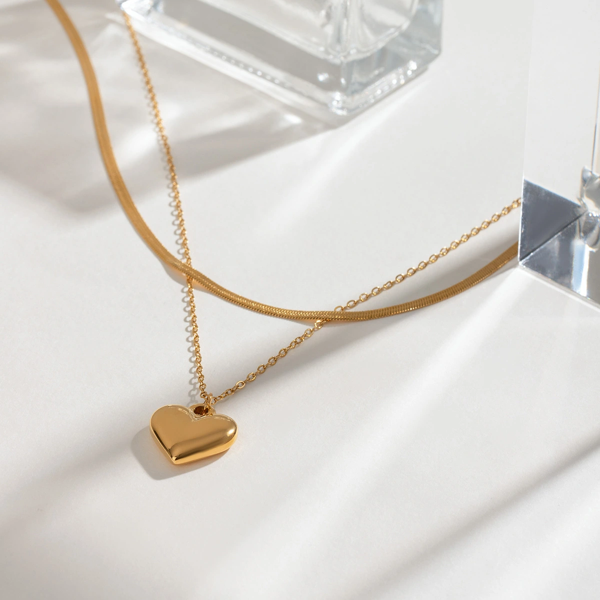 Stainless Steel Heart Pendant Necklace Double Layer