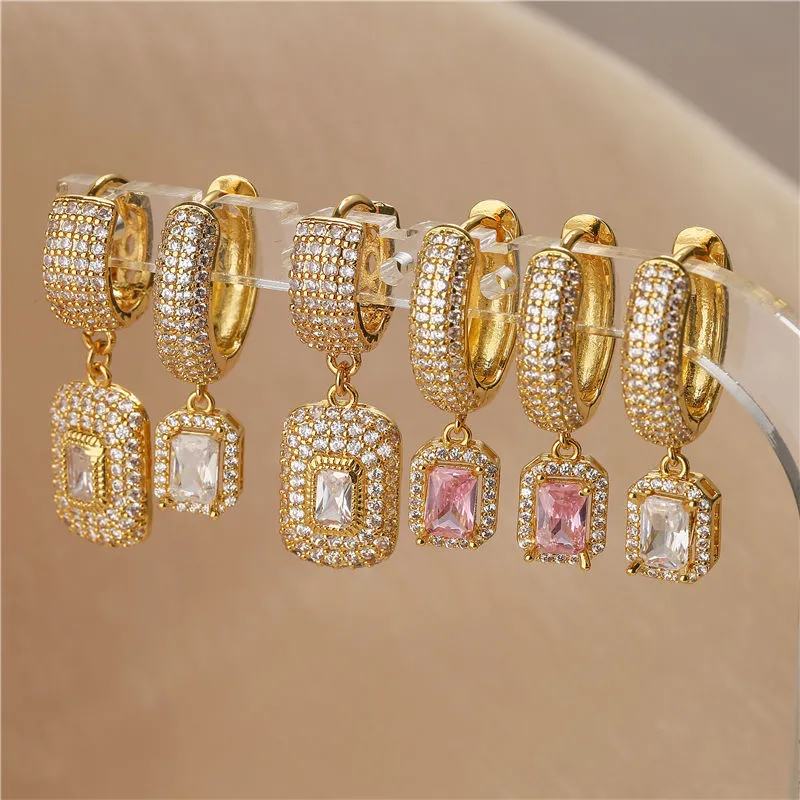 18K Gold Super  Inlaid Diamond Small Square Earrings Ear Clip
