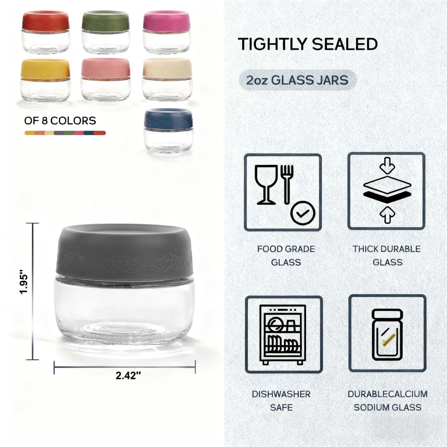 2oz 8Pack Glass Dressing Jars with Leakproof Lids, Containers for Sauce, Salad Dressing, Dips & Snacks – Reusable Glass Food Storage Cups for Lunch Box & Meal Prep(2oz-8Pack)