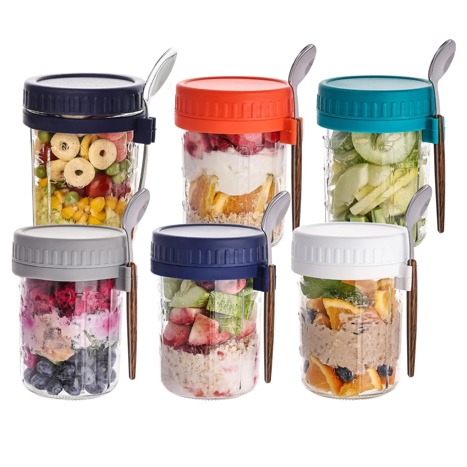 6 Pack Overnight Oats Containers with Lids and Spoons, 16 OZ Glass Oatmeal Container With Measurement Marks, Airtight Leak Proof Mason Jars for Chia Pudding, Yogurt, Breakfast
