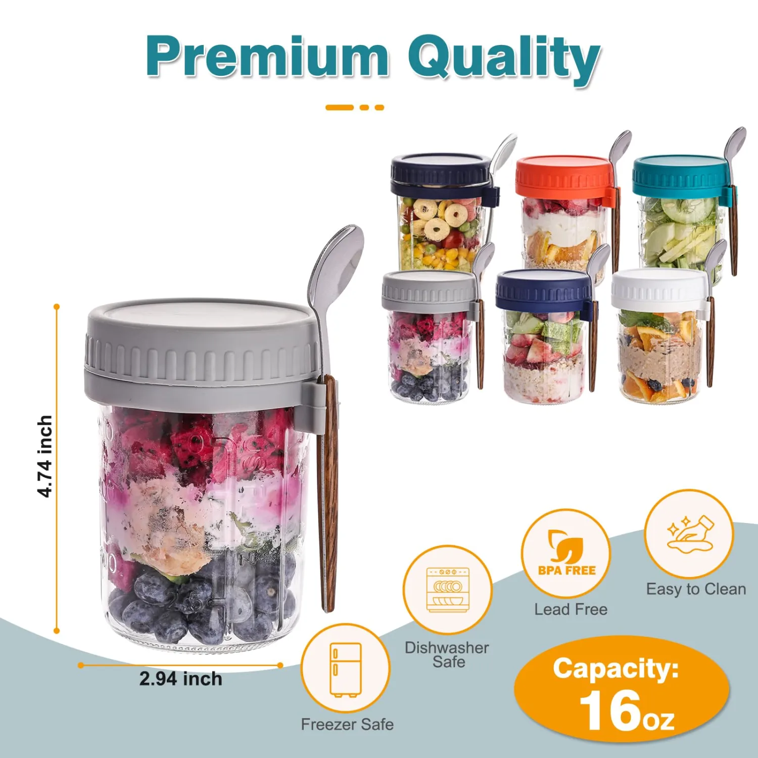 6 Pack Overnight Oats Containers with Lids and Spoons, 16 OZ Glass Oatmeal Container With Measurement Marks, Airtight Leak Proof Mason Jars for Chia Pudding, Yogurt, Breakfast