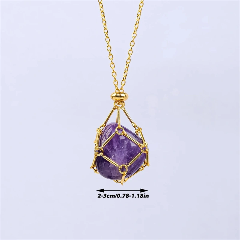 Natural Crystal Stone Mesh Stainless Steel Metal Necklace Bamboo Woven