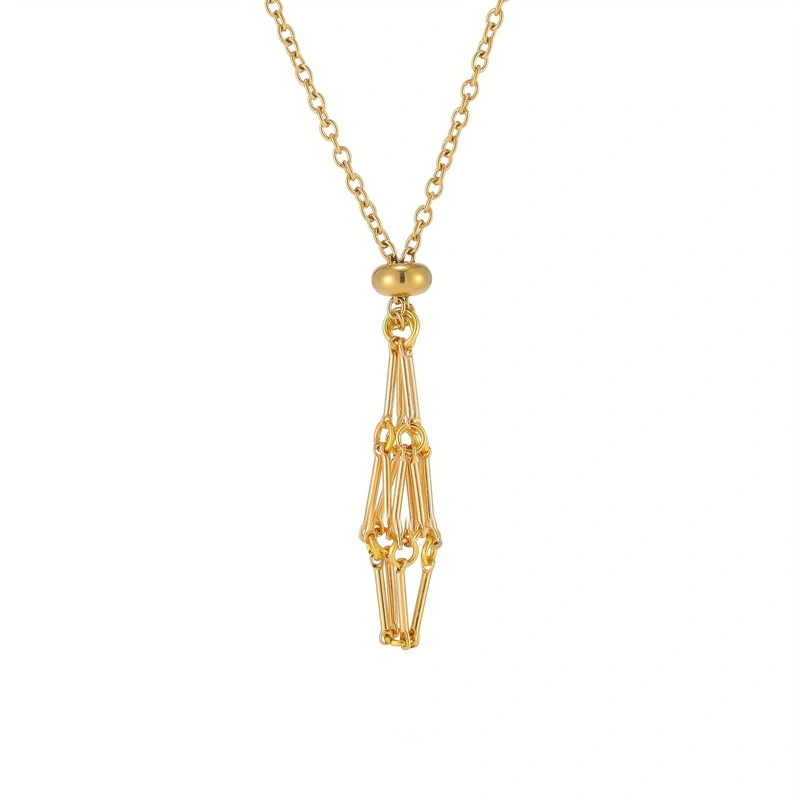 Natural Crystal Stone Mesh Stainless Steel Metal Necklace Bamboo Woven