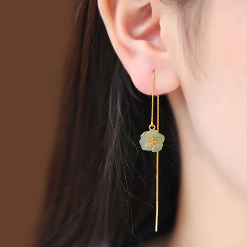 925 Gold And Silver Inlaid Natural Decorative Pattern Hetian Jade Earrings