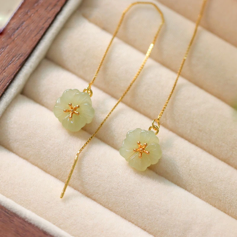 925 Gold And Silver Inlaid Natural Decorative Pattern Hetian Jade Earrings