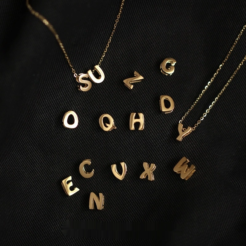 S925 Sterling Silver Plated 14K Gold Necklace Pendant Cute Mini English Letter Name Pendant Couple