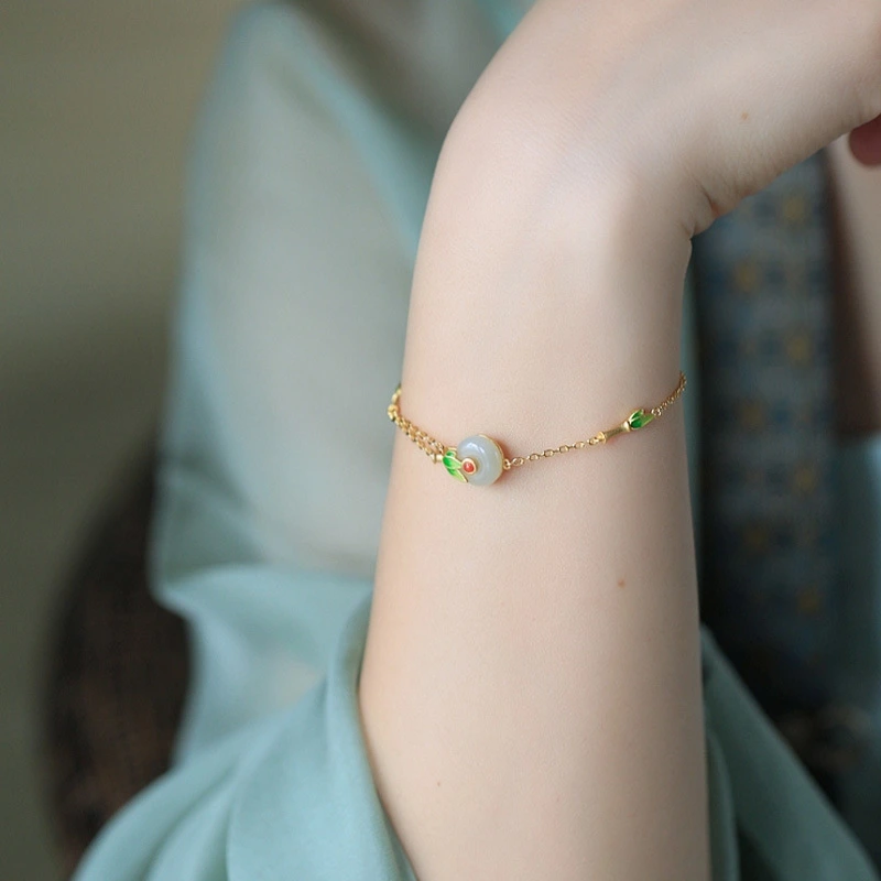 Ancient Gold Inlaid Hetian Jade Peace Buckle Enamel Painted Craft Fairy Retro Style Light Luxury High-grade Bracelet