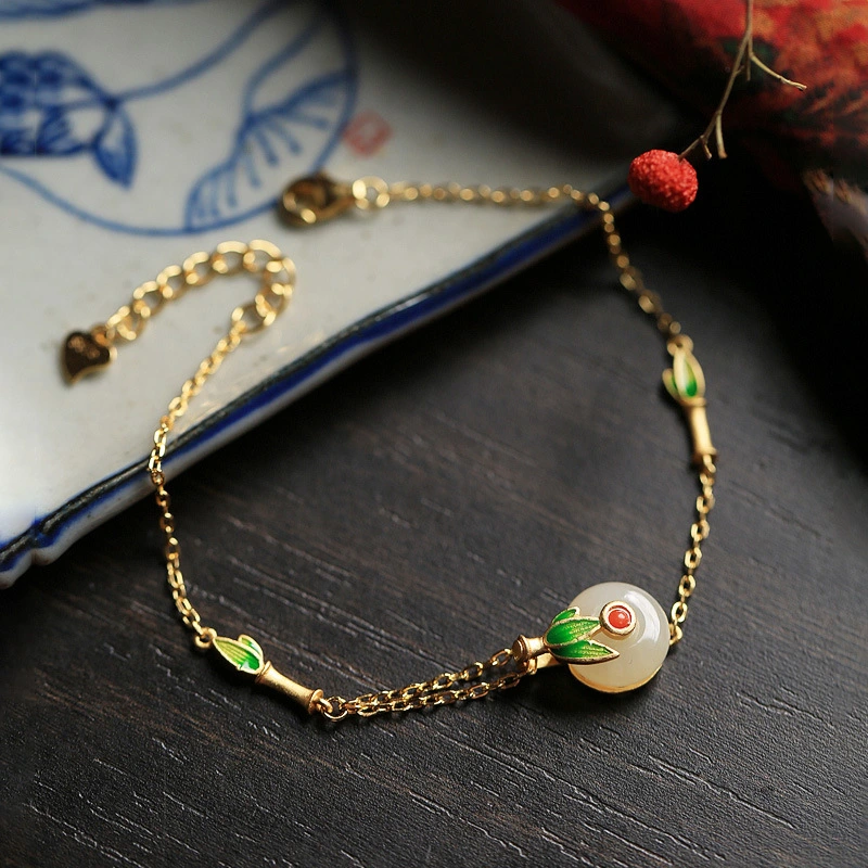 Ancient Gold Inlaid Hetian Jade Peace Buckle Enamel Painted Craft Fairy Retro Style Light Luxury High-grade Bracelet