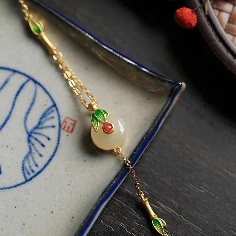 Ancient Gold Inlaid Hetian Jade Peace Buckle Enamel Painted Craft Fairy Retro Style Light Luxury High-grade Bracelet