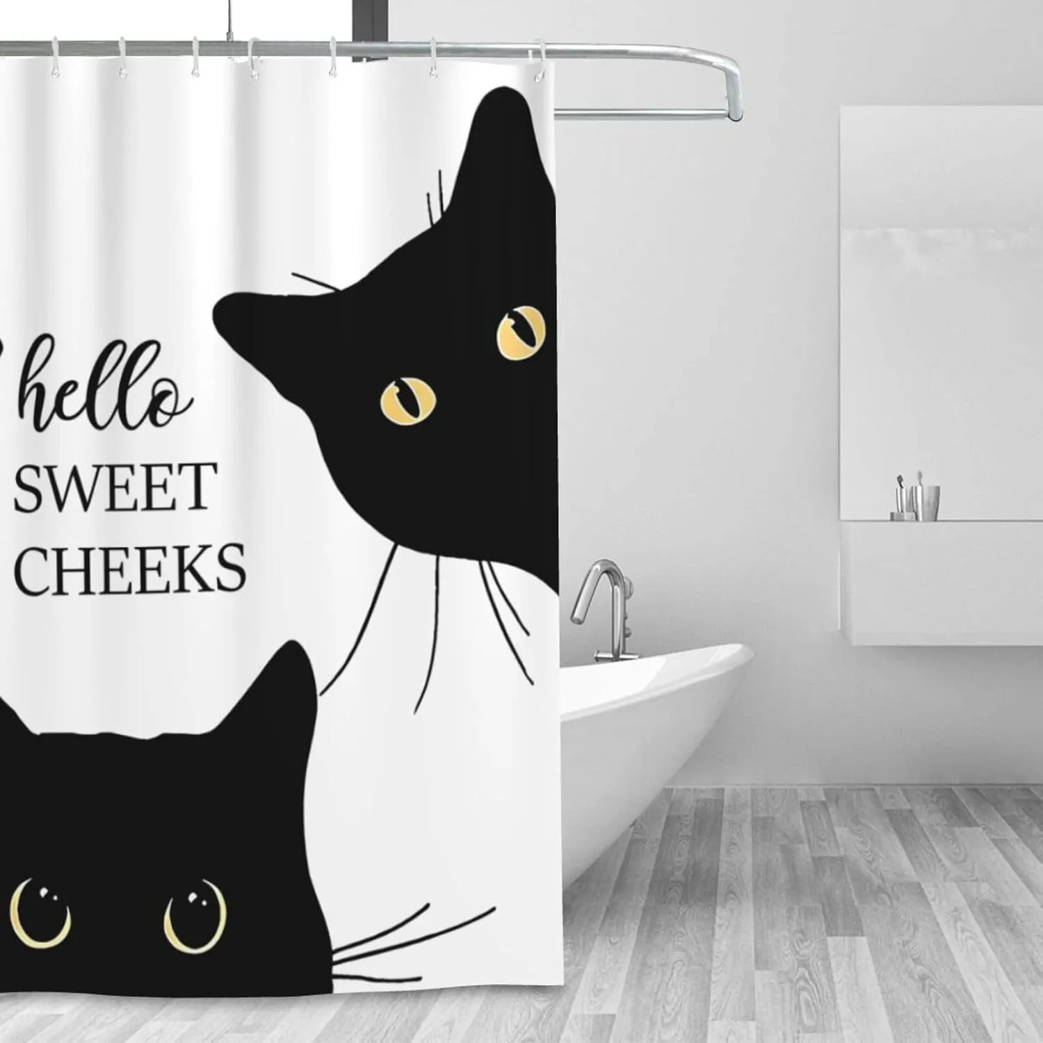 Black Cat Shower Curtain Waterproof Polyester Fabric Design With Text
