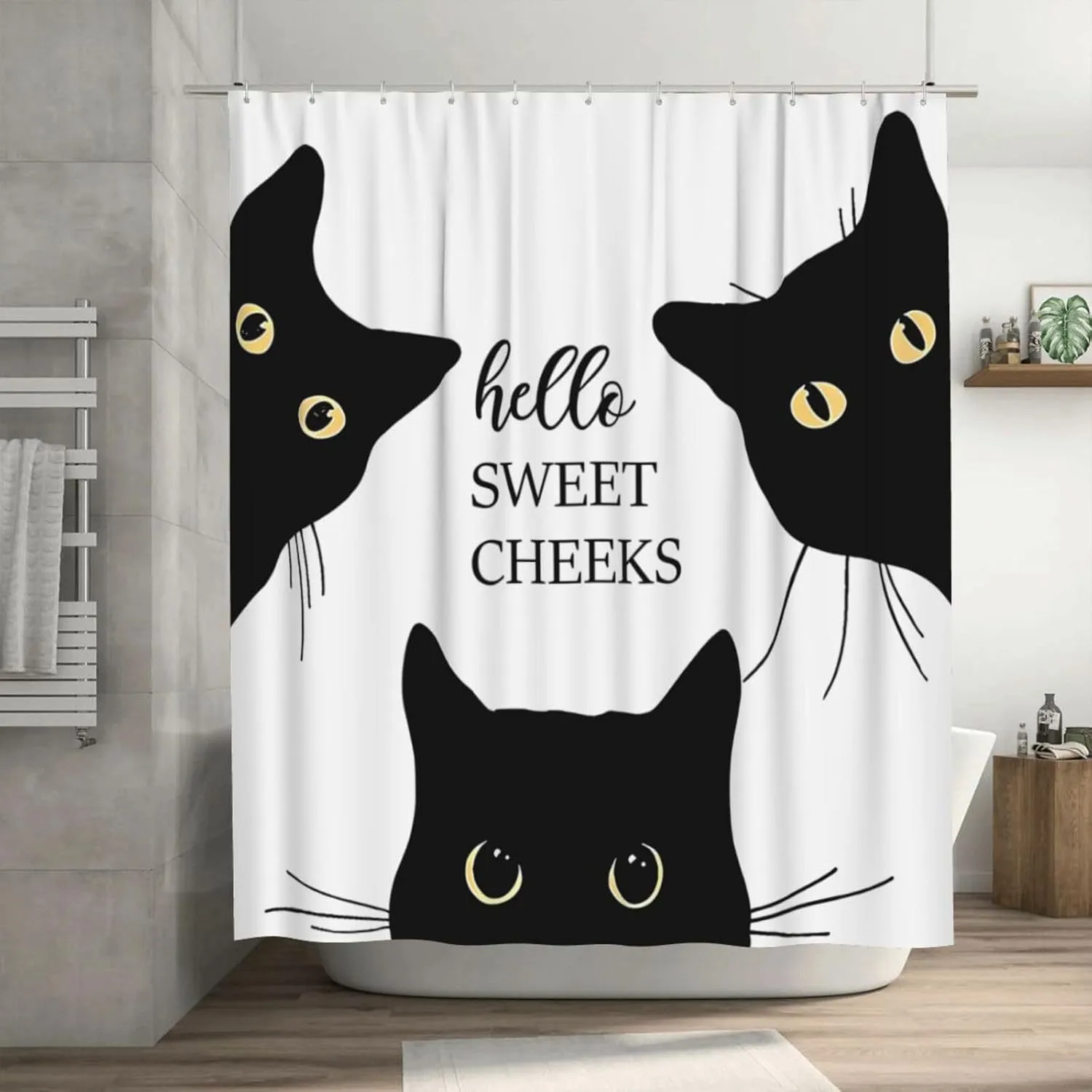 Black Cat Shower Curtain Waterproof Polyester Fabric Design With Text