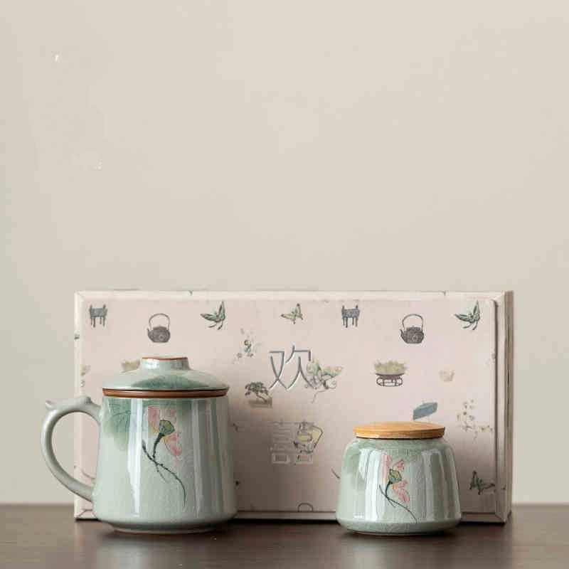 Hand Painted Lotus Underglaze With Cover Strain Mug Ceramic Cup