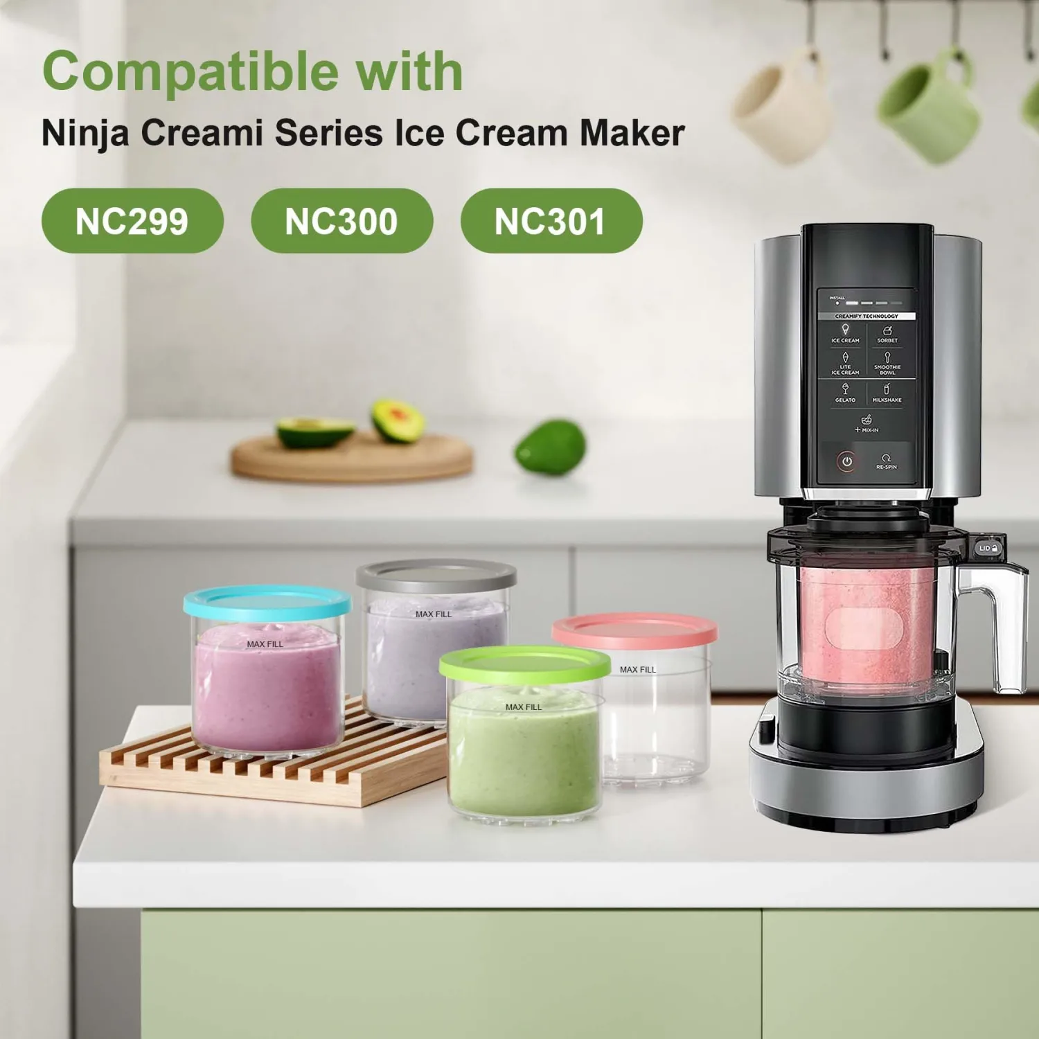 4 Pack Creami Pint Containers and Lids for Ninja with a Metal Spoon, Compatible with Ninja NC299 NC300 NC301 Series Creami Maker Machine Accessories, BPA Free & Dishwasher Safe, Assorted Colors