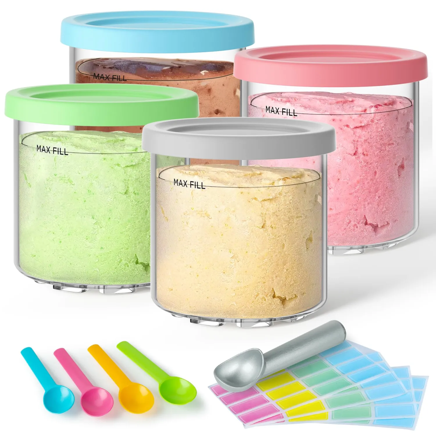 4 Pack Creami Pint Containers and Lids for Ninja with a Metal Spoon, Compatible with Ninja NC299 NC300 NC301 Series Creami Maker Machine Accessories, BPA Free & Dishwasher Safe, Assorted Colors