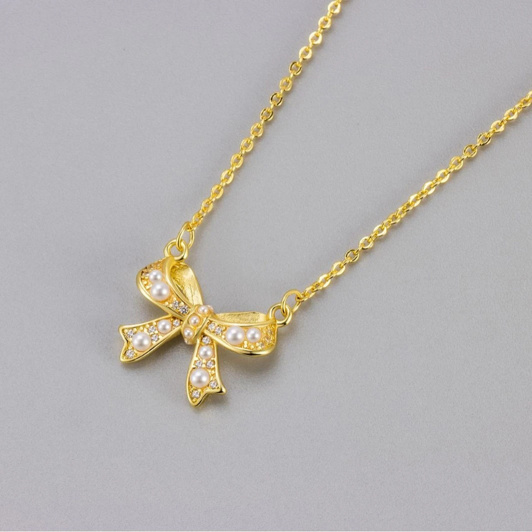 Zircon Pearl Bow Necklace For Women