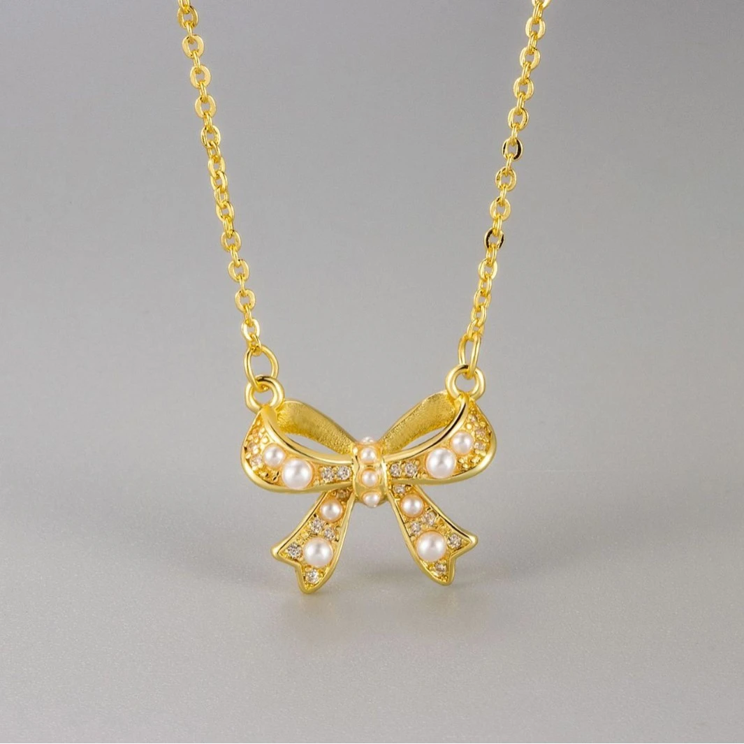 Zircon Pearl Bow Necklace For Women