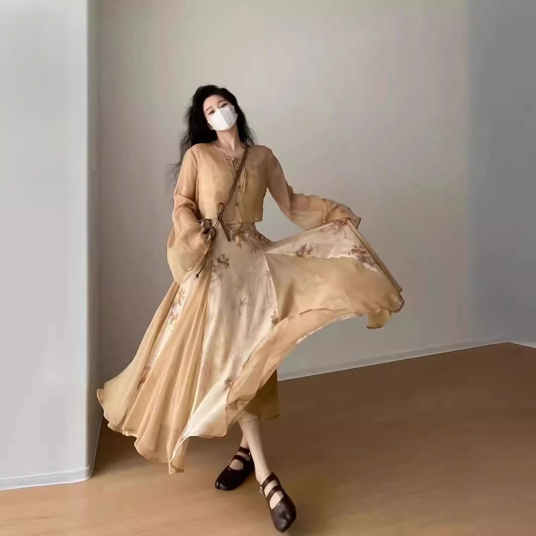 French Retro New Chinese Court Style Women's Summer Waist Slimming Fairy Graceful Slip Dress