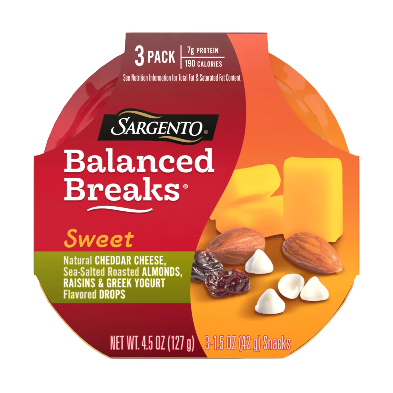 Sargento Sweet Balanced Breaks Natural Cheddar Cheese, Sea-Salted Roasted Almonds, Raisins and Greek Yogurt Flavored Drops Snack Kit, 3-Pack