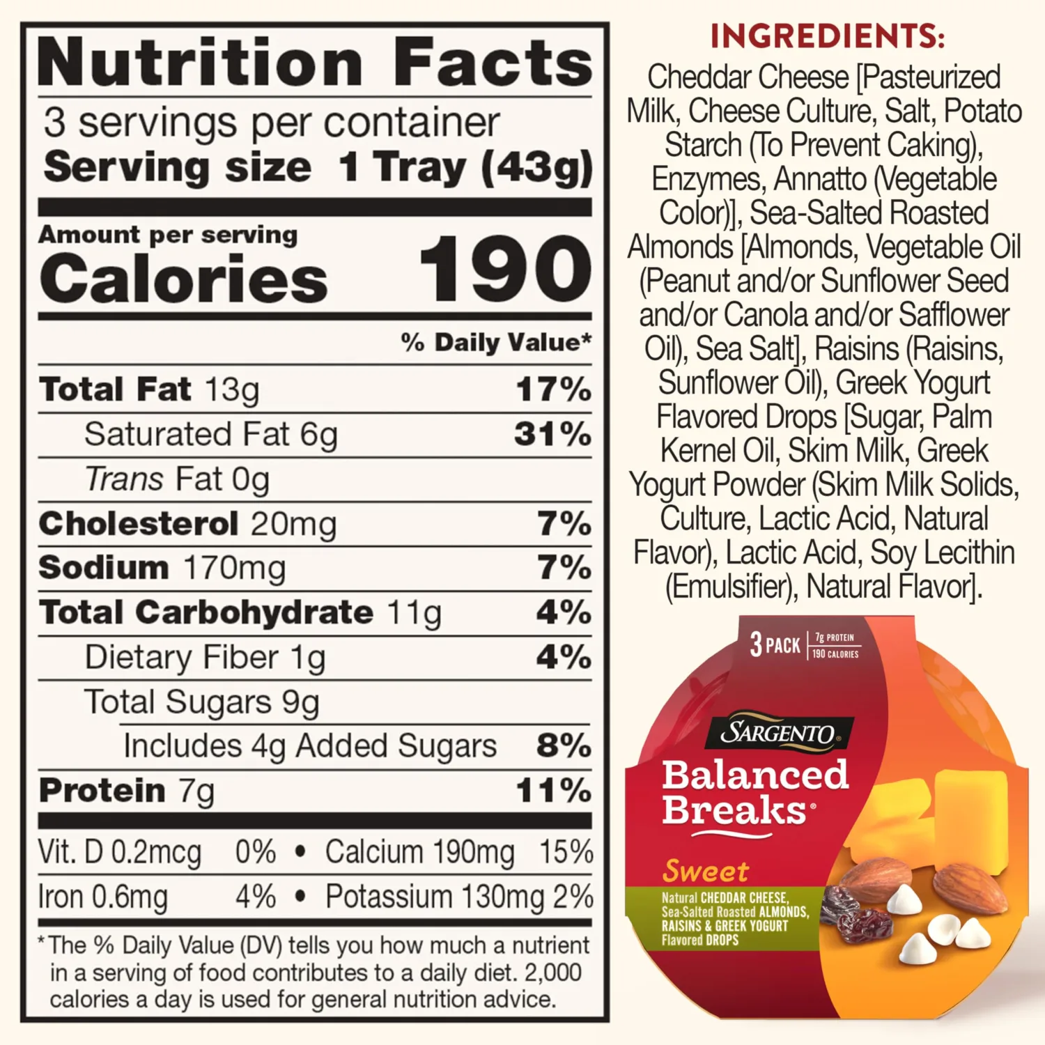 Sargento Sweet Balanced Breaks Natural Cheddar Cheese, Sea-Salted Roasted Almonds, Raisins and Greek Yogurt Flavored Drops Snack Kit, 3-Pack