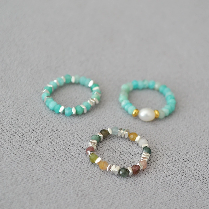 Retro Cool Real Stone Colorful Tourmaline Beaded Personality Simple Stretch Ring