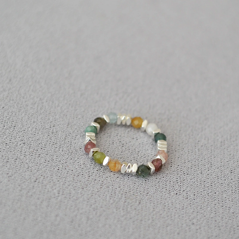 Retro Cool Real Stone Colorful Tourmaline Beaded Personality Simple Stretch Ring