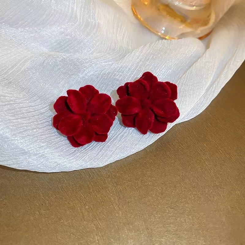 Sterling Silver Needle Red Flocking Flower Temperament Stud Earrings New