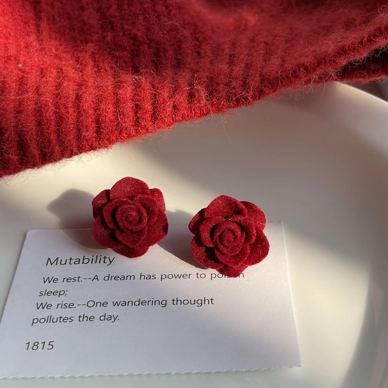 Sterling Silver Needle Red Flocking Flower Temperament Stud Earrings New