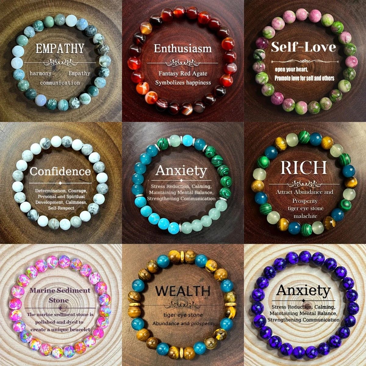Xi Yin TK Bracelet Tigereye Amethyst Malachite Agate Watermelon Tourmaline Turquoise Bracelet