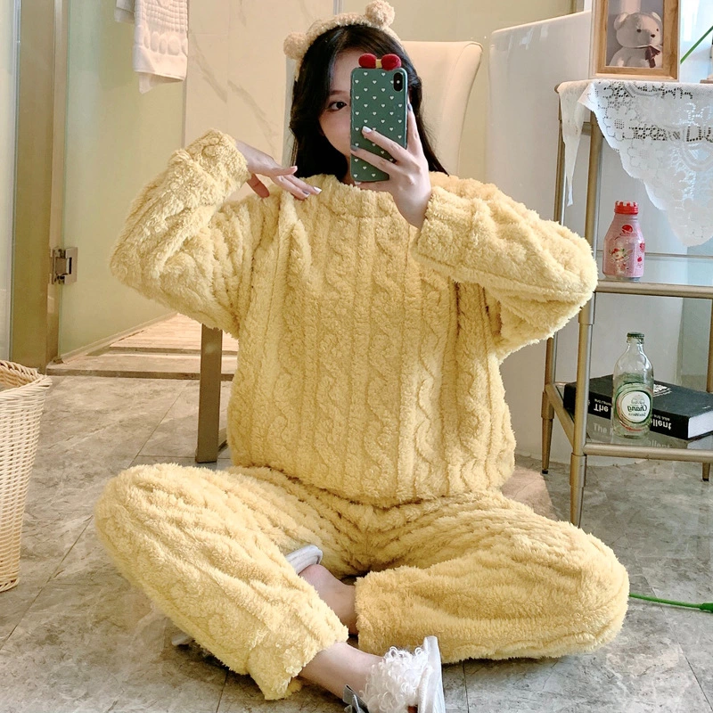 Thick Fleece Pajamas Women's Thermal Round-neck Flannel Homewear Suit