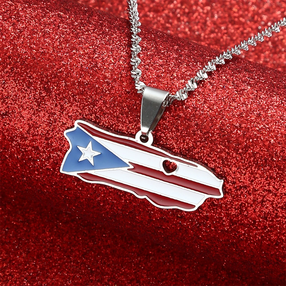 Puerto Rico Flag Drop Oil Stainless Steel Pendant Necklace