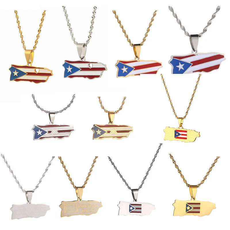Puerto Rico Flag Drop Oil Stainless Steel Pendant Necklace