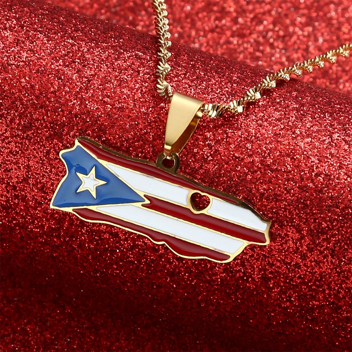 Puerto Rico Flag Drop Oil Stainless Steel Pendant Necklace