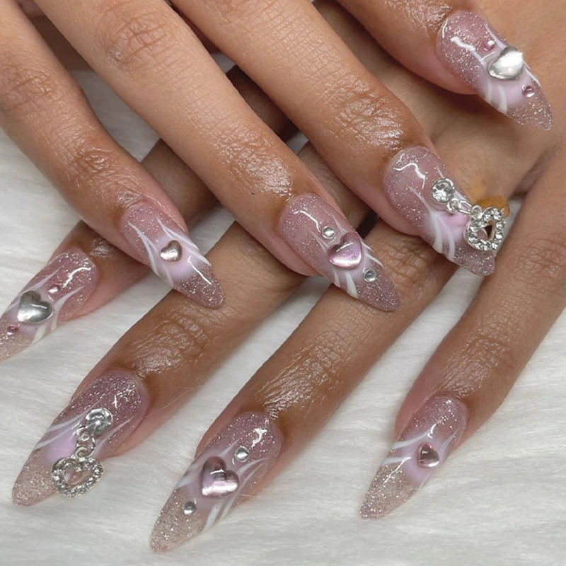 Pink Gradient Love Drop Diamond Wear Nail