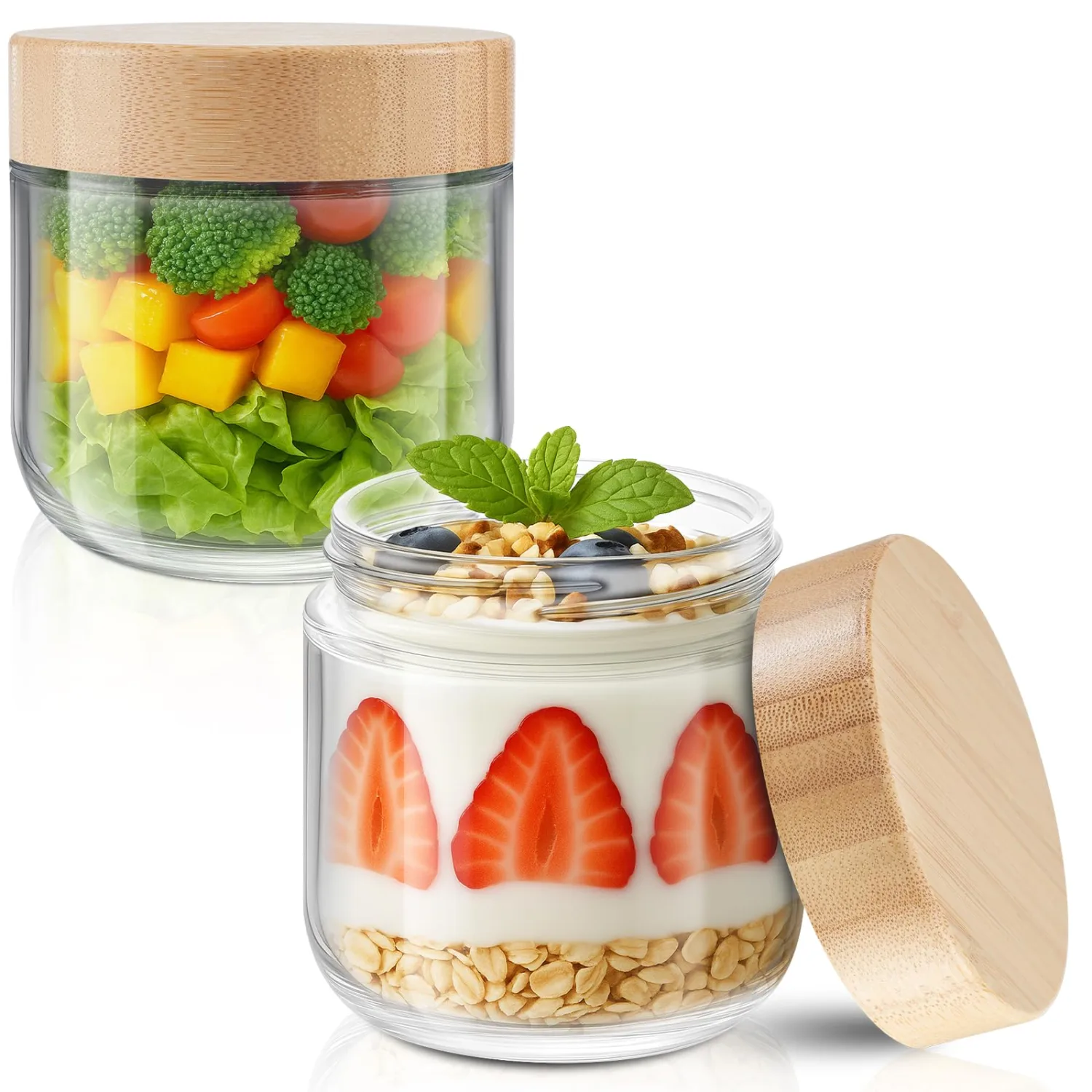 Tecohouse 12 oz Chia Pudding Jars with Lids 2 Pack Overnight Oats containers with Bamboo Lids Mason Glass Jars For Salad, Snacks, Spice, Suger, Yogurt Refillable Cosmetic Jars