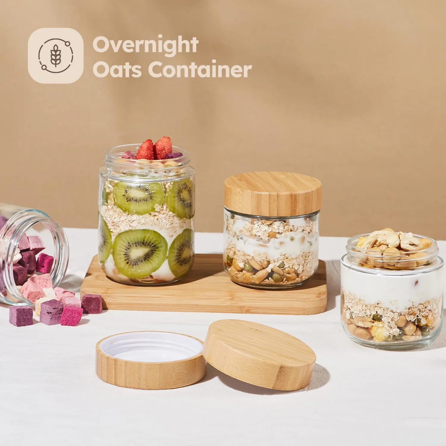 Tecohouse 12 oz Chia Pudding Jars with Lids 2 Pack Overnight Oats containers with Bamboo Lids Mason Glass Jars For Salad, Snacks, Spice, Suger, Yogurt Refillable Cosmetic Jars