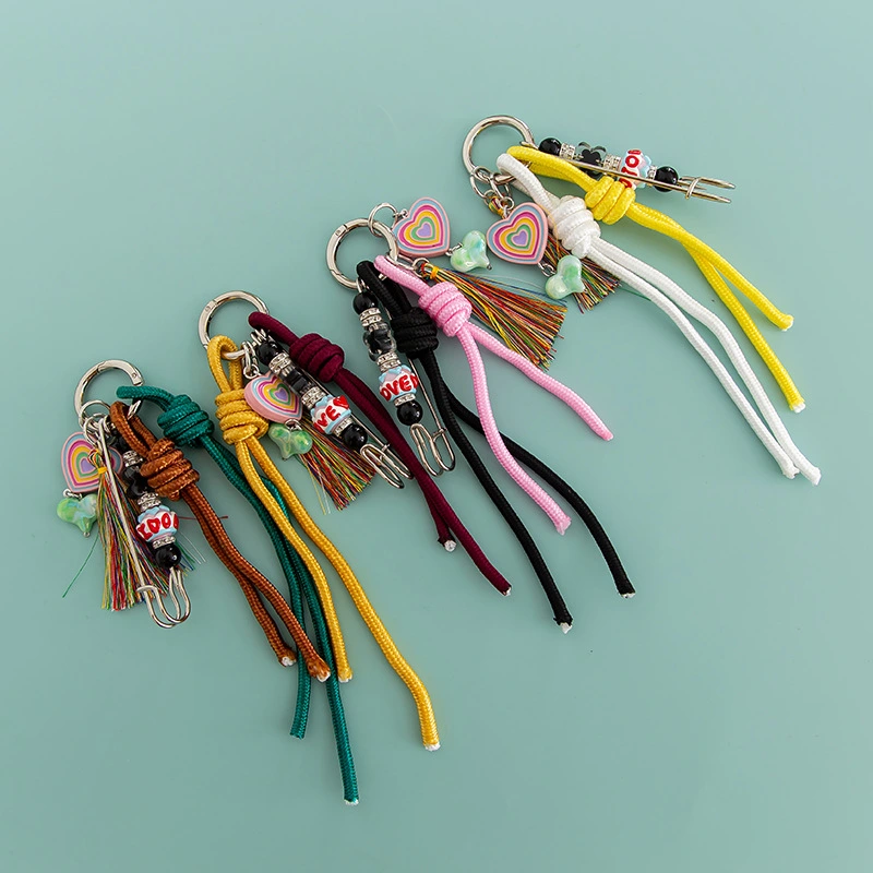 New Love Macaron Color Hand-woven Bends And Hitches Rhinestone Tassel Key Chain
