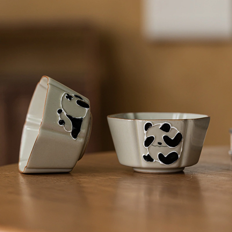 Grass And Wood Gray Hand Painted Panda Hexagonal Master Cup
