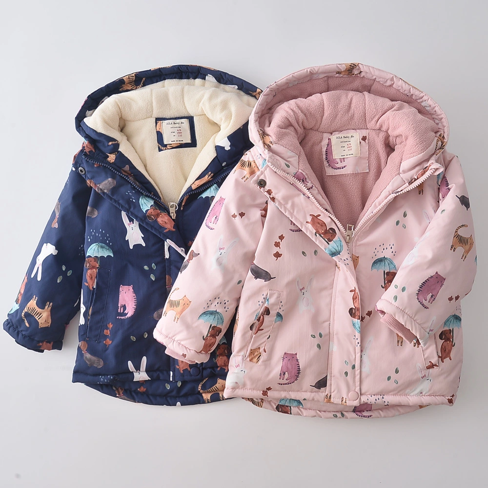 Winter New Cartoon Printed Windproof Girl Velvet Cotton Clothes