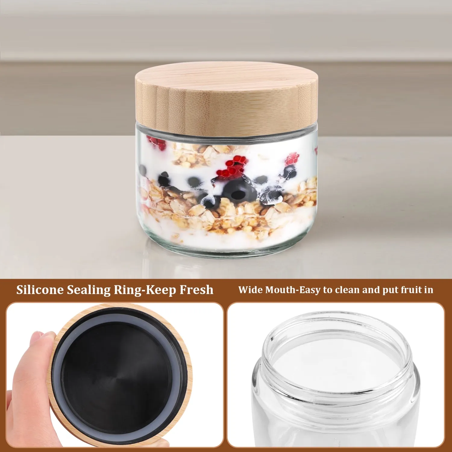 Glass jar with Bamboo lids, 10oz Overnight Oats Containers with lids, Glass Mason jars, Reusable Meal Prep Jars with Airtight Lids for Food Yogurt Snacks Storage(2PACK)