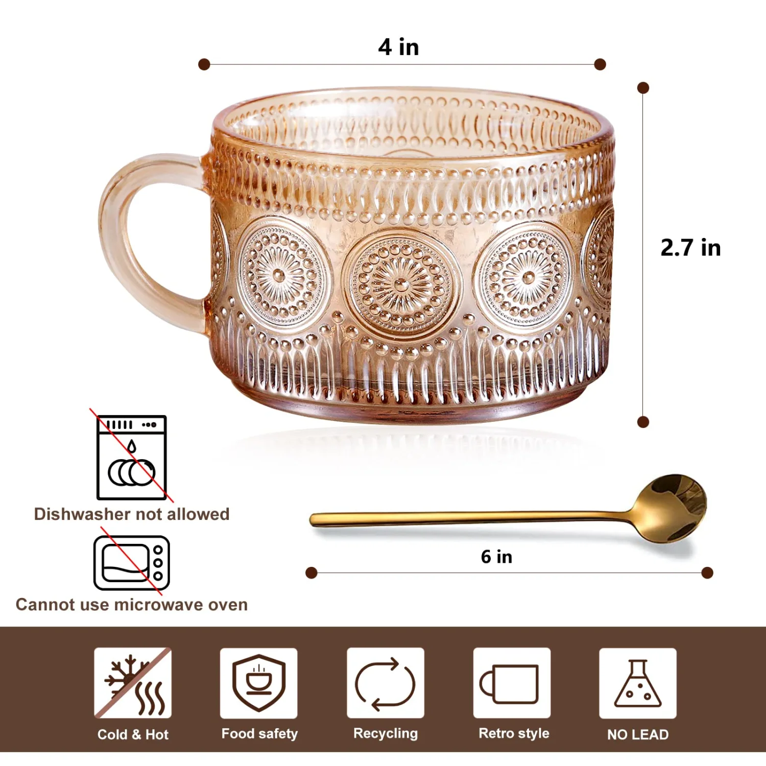 Vintage Glass Coffee Mugs Set of 2 Amber, Embossed Tea Cups with Bamboo Lids and Spoons, 14 Oz Glass Breakfast Cups for Cappccino, Latte, Yogurt, Dessert, Breakfast, Mothers Day Gifts