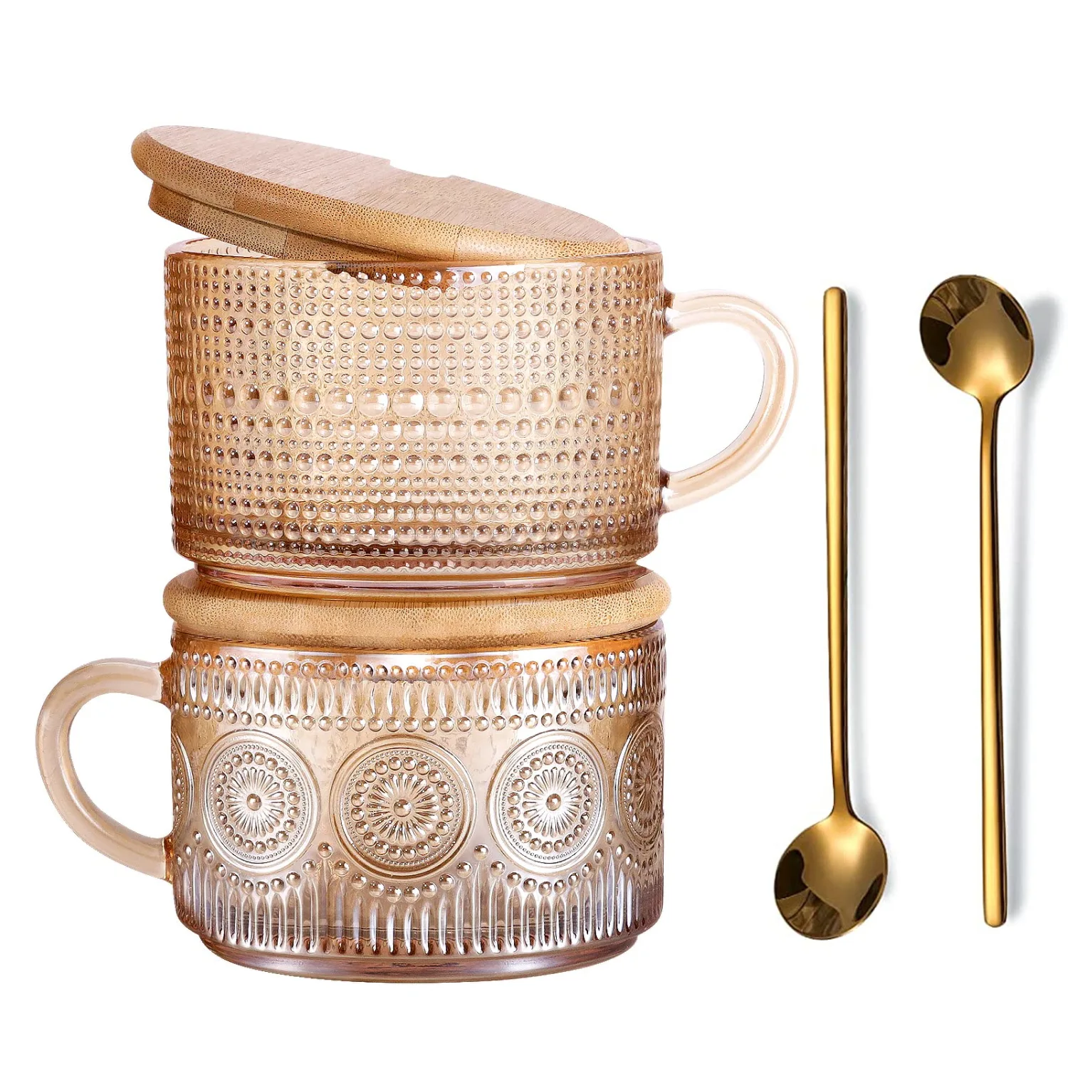Vintage Glass Coffee Mugs Set of 2 Amber, Embossed Tea Cups with Bamboo Lids and Spoons, 14 Oz Glass Breakfast Cups for Cappccino, Latte, Yogurt, Dessert, Breakfast, Mothers Day Gifts