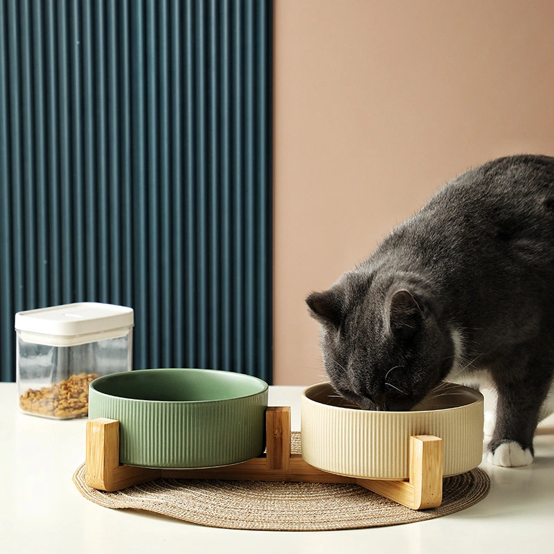 Pet Simple Wooden Frame Anti-tumble Ceramic Bowl