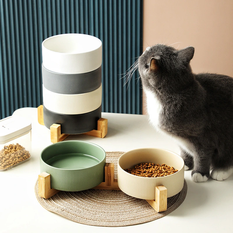 Pet Simple Wooden Frame Anti-tumble Ceramic Bowl