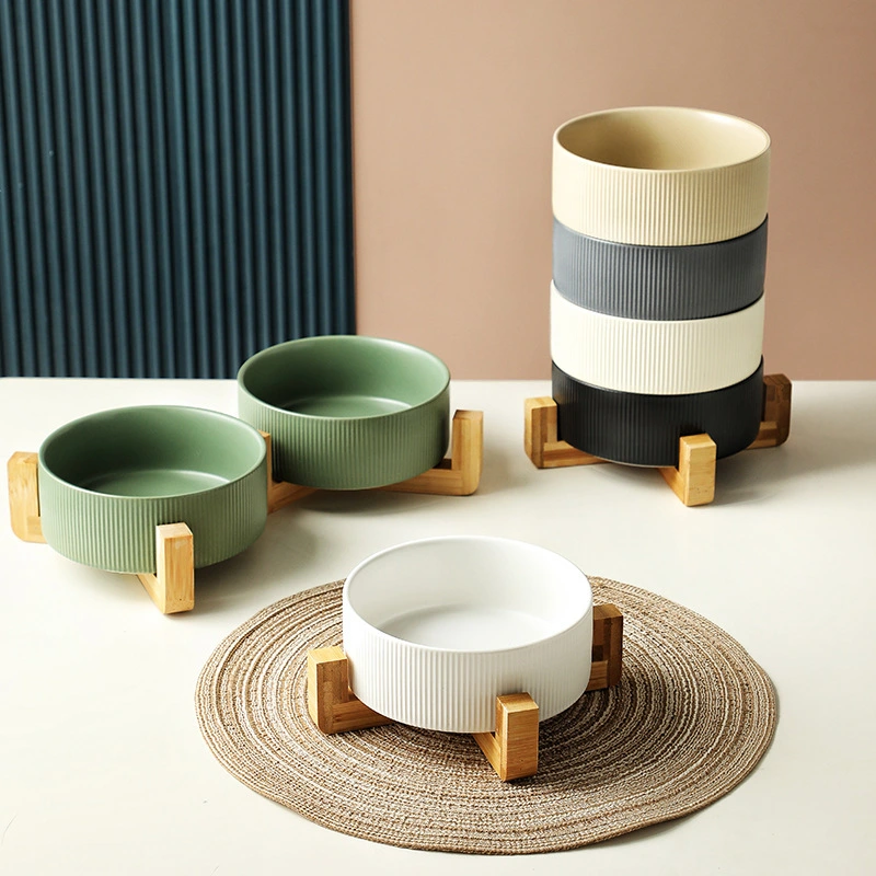 Pet Simple Wooden Frame Anti-tumble Ceramic Bowl