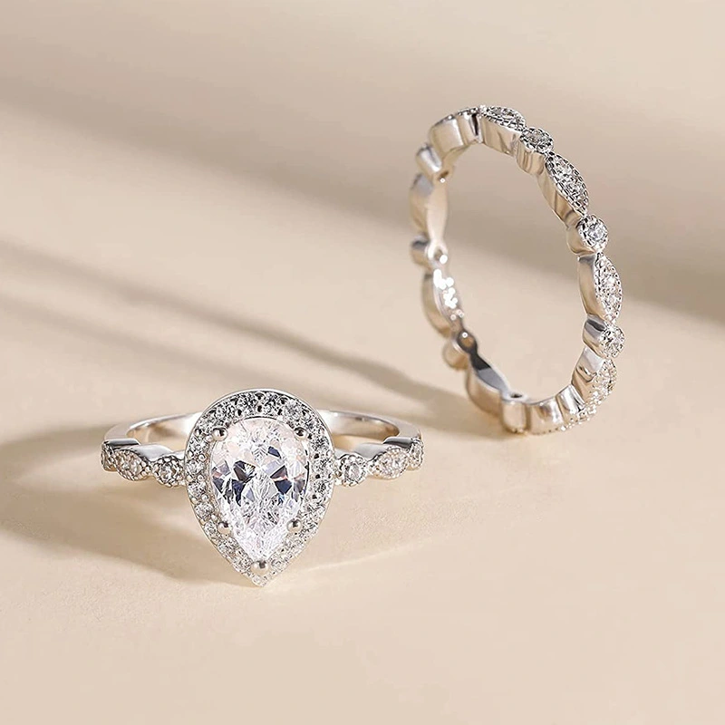 Retro Horse Eye Water Drop Pear-shaped Wedding Two Ring Set