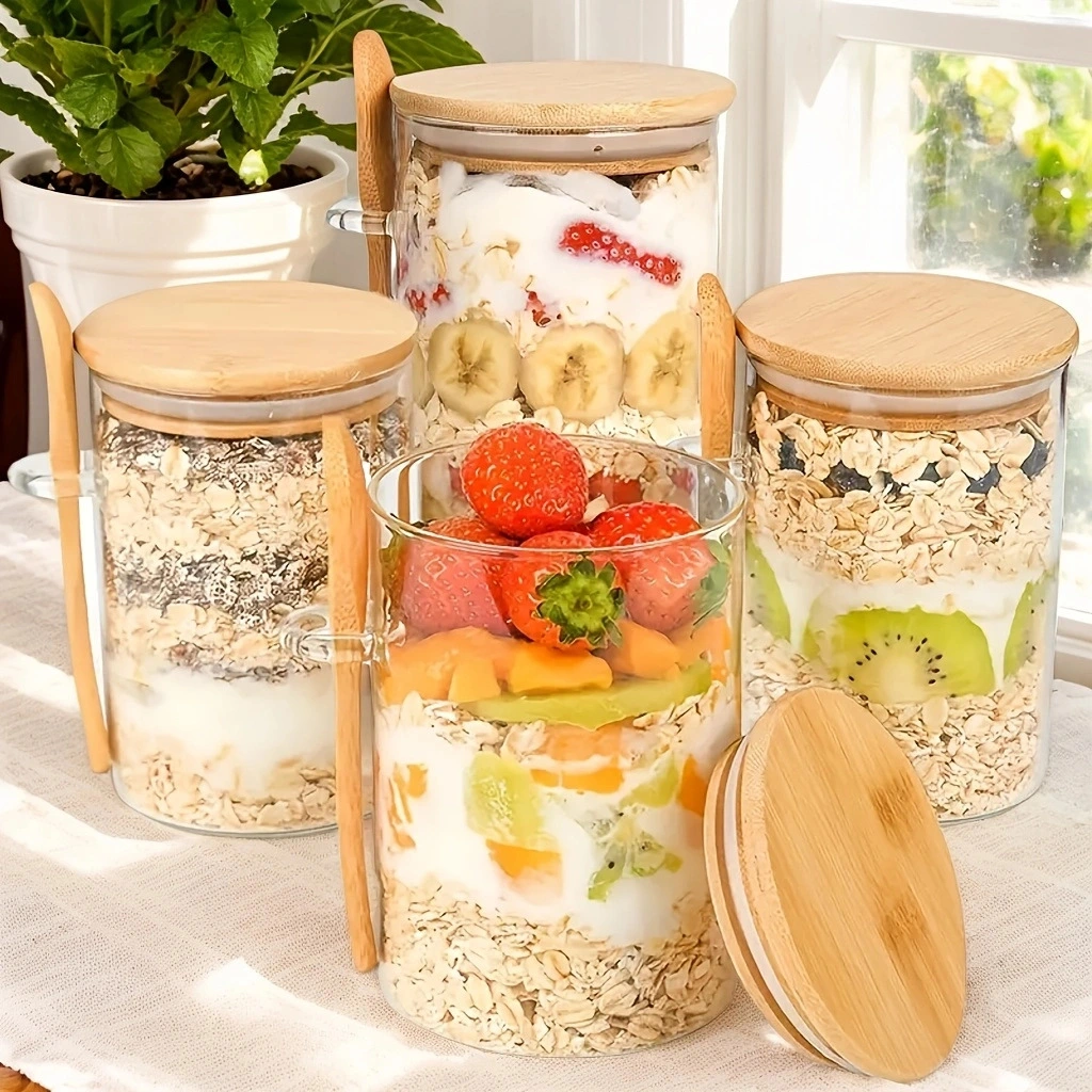 Yogurt Oatmeal With Spoon And Lid Sealed Jar Kitchen Storage Glass Jar
