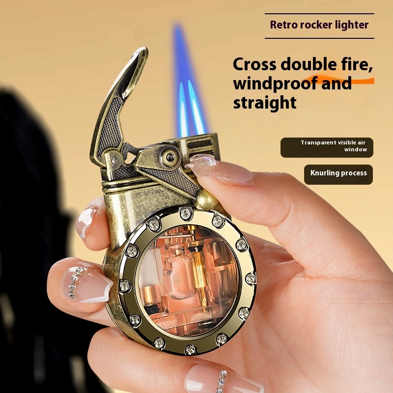 Rocker Arm Lighter Double Straight Blue Flame Transparent Visible Gas Bin
