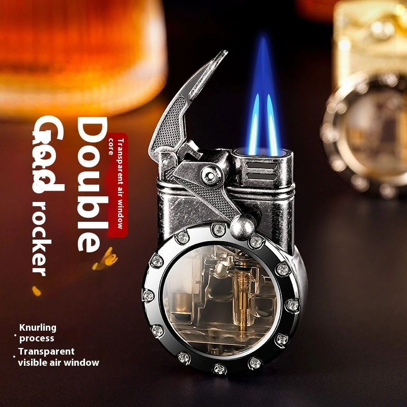 Rocker Arm Lighter Double Straight Blue Flame Transparent Visible Gas Bin