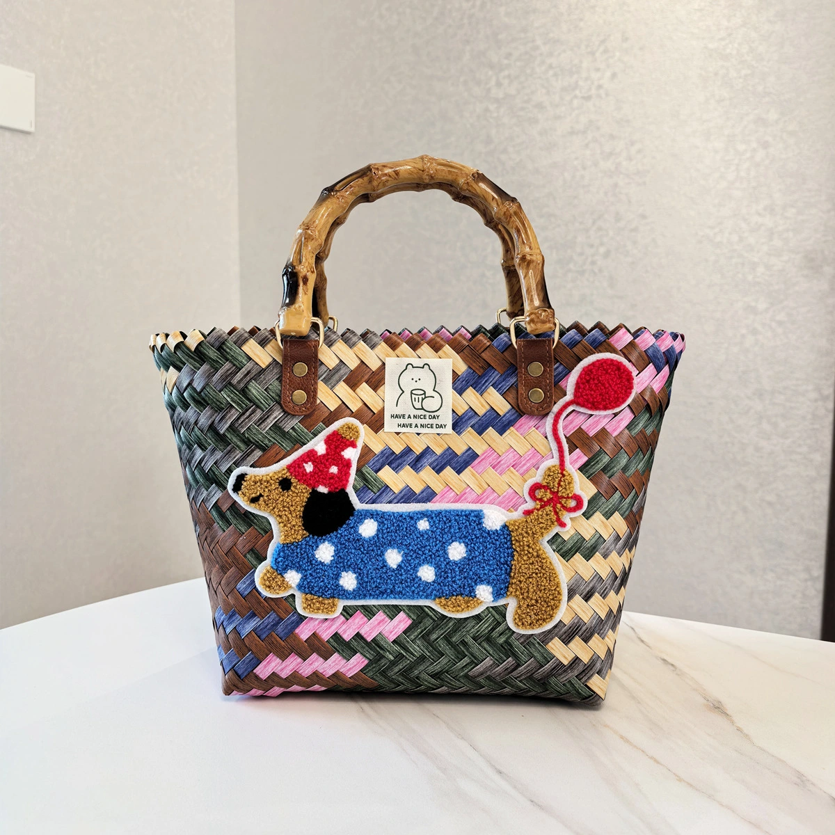 Vintage Stripe Sausage Dog Woven Bag
